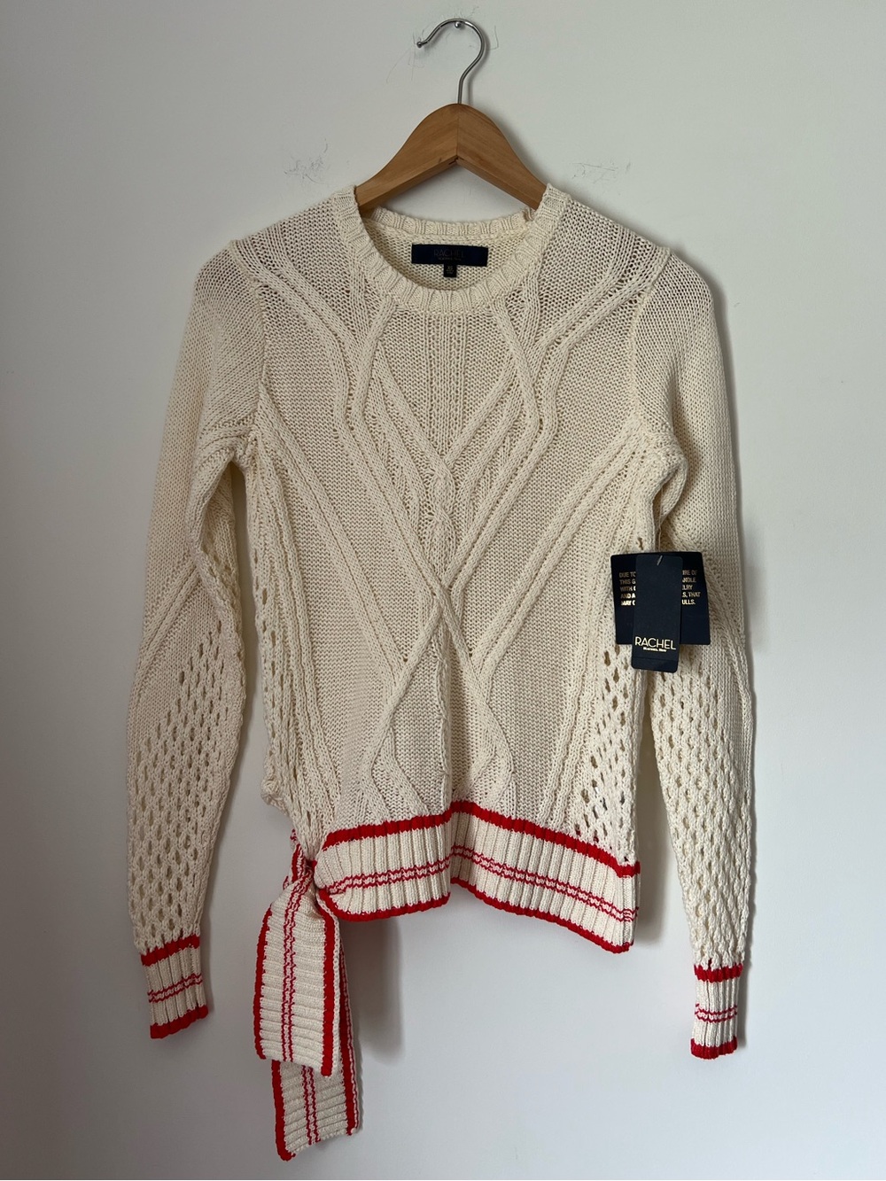 NWT RACHEL Rachel Roy Cream Cable-Knit Sweater with Red Trim and Side Tie Detali